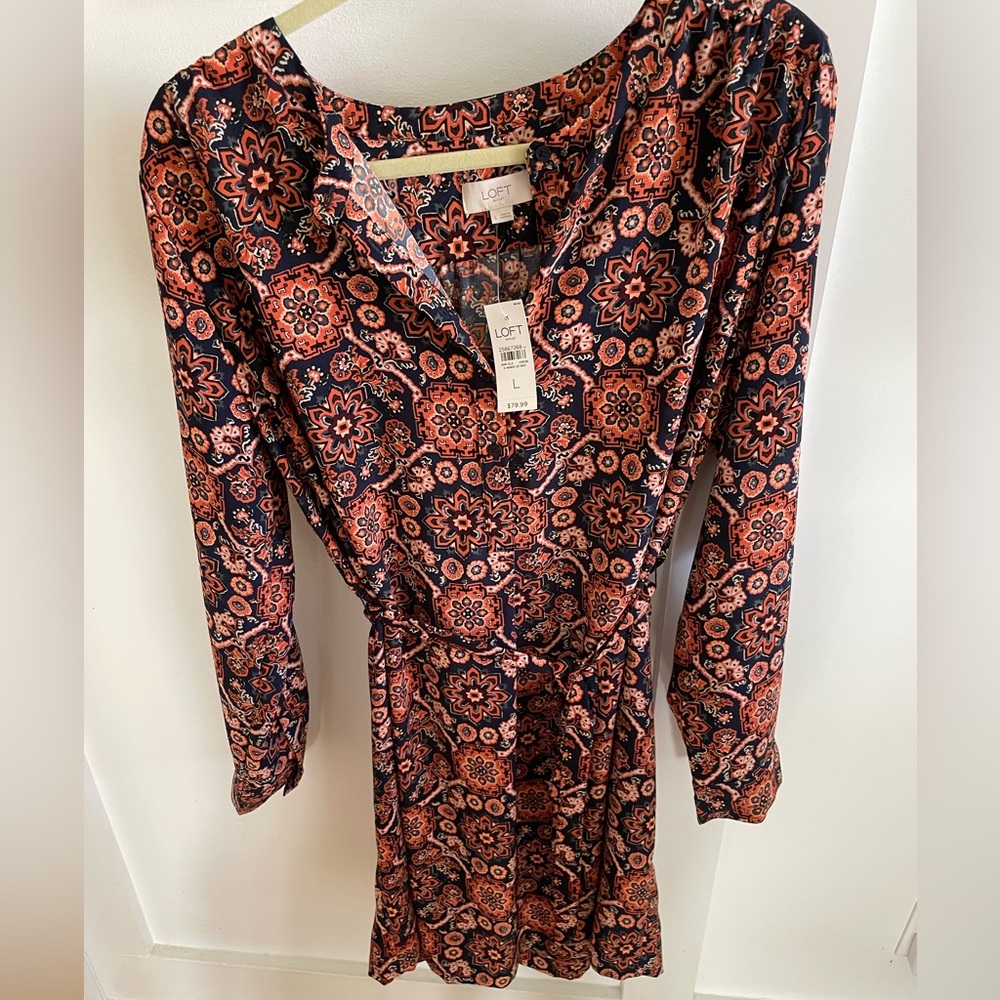 Loft medallion Floral Print Shirt Dress navy/orange Size L New w/tags